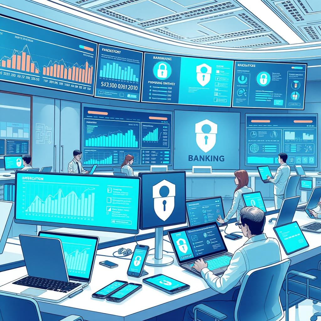 A detailed illustration depicting a modern banking system operational environment