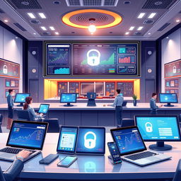 A detailed illustration depicting a modern banking system operational environment