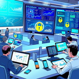 A detailed illustration depicting a modern banking system operational environment