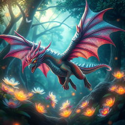 A dynamic and highly detailed representation of a mythical creature with vibrant colors, large wings, and intricate scales