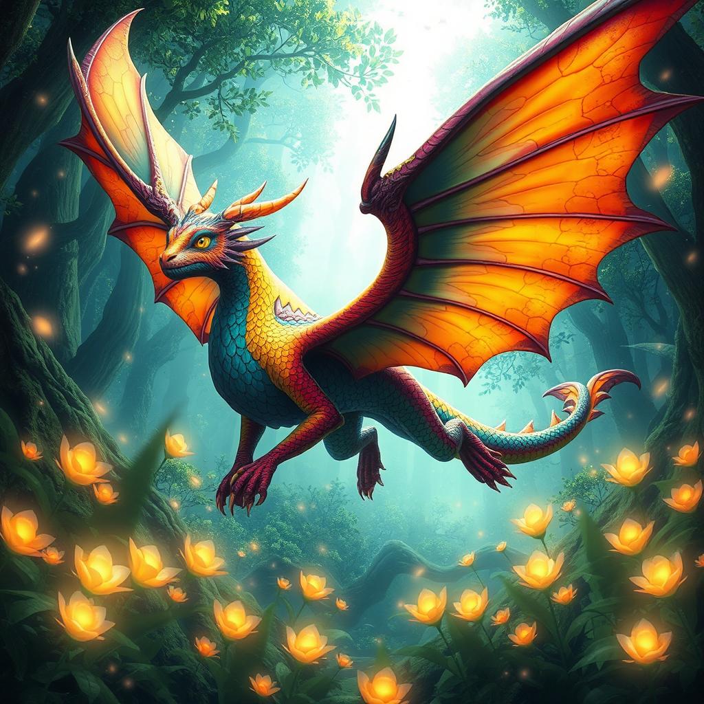 A dynamic and highly detailed representation of a mythical creature with vibrant colors, large wings, and intricate scales