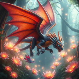 A dynamic and highly detailed representation of a mythical creature with vibrant colors, large wings, and intricate scales