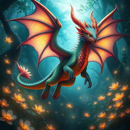 A dynamic and highly detailed representation of a mythical creature with vibrant colors, large wings, and intricate scales