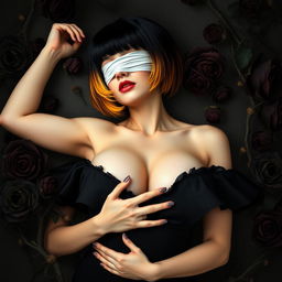 A woman with short black hair featuring a yellow ombre, her eyes covered with a white cloth, wearing a black dress, lying on her back while embracing herself, prominently showcasing an extremely large chest, surrounded by thorny black rose branches