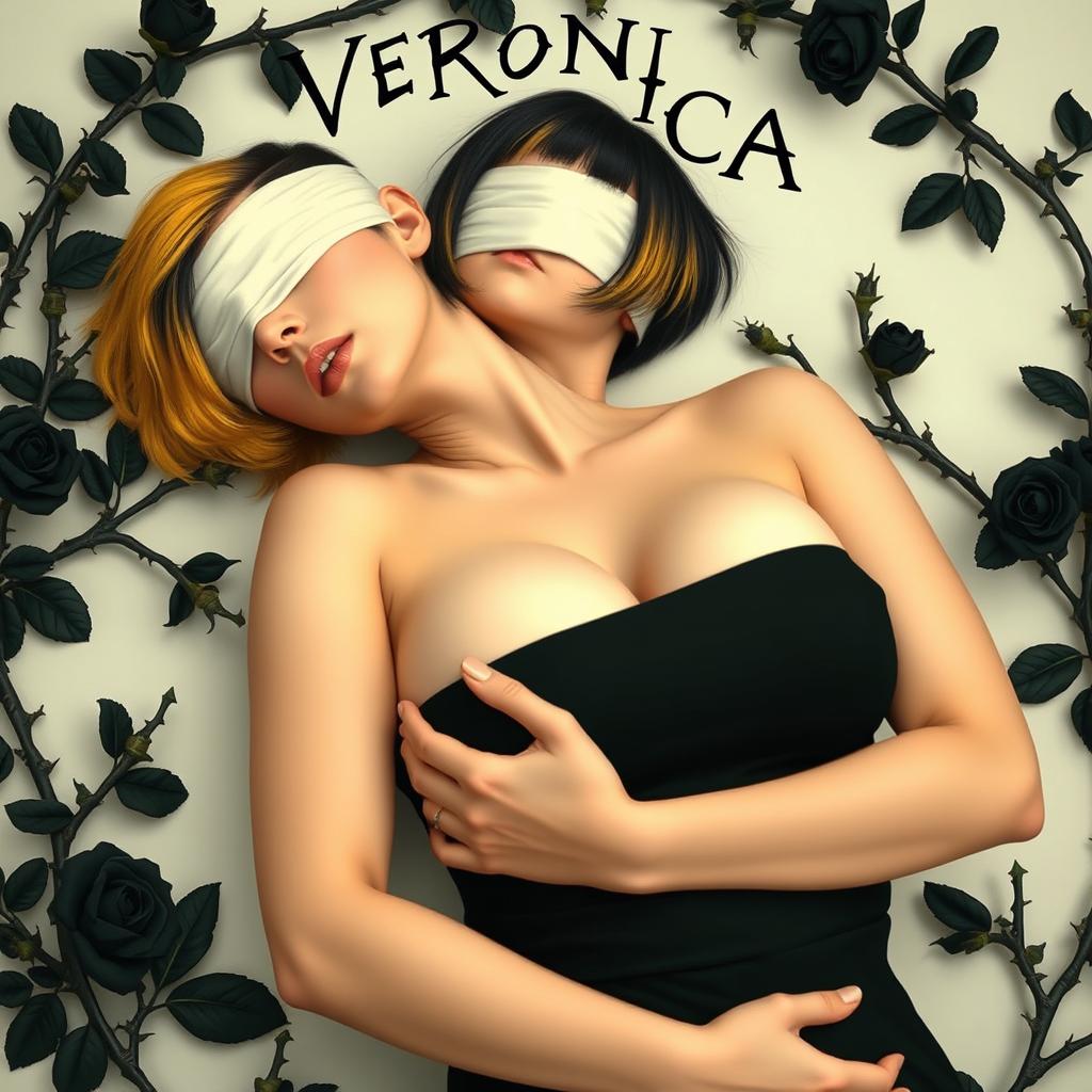 A woman with short black hair featuring a yellow ombre, her eyes covered with a white cloth, wearing a black dress, lying on her back while embracing herself, prominently showcasing an extremely large chest, surrounded by thorny black rose branches