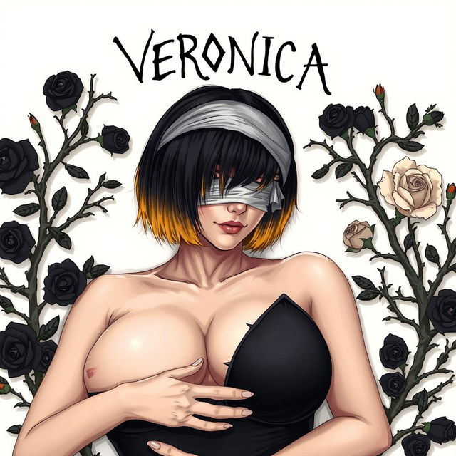 A woman with short black hair featuring a yellow ombre, her eyes covered with a white cloth, wearing a black dress, lying on her back while embracing herself, prominently showcasing an extremely large chest, surrounded by thorny black rose branches