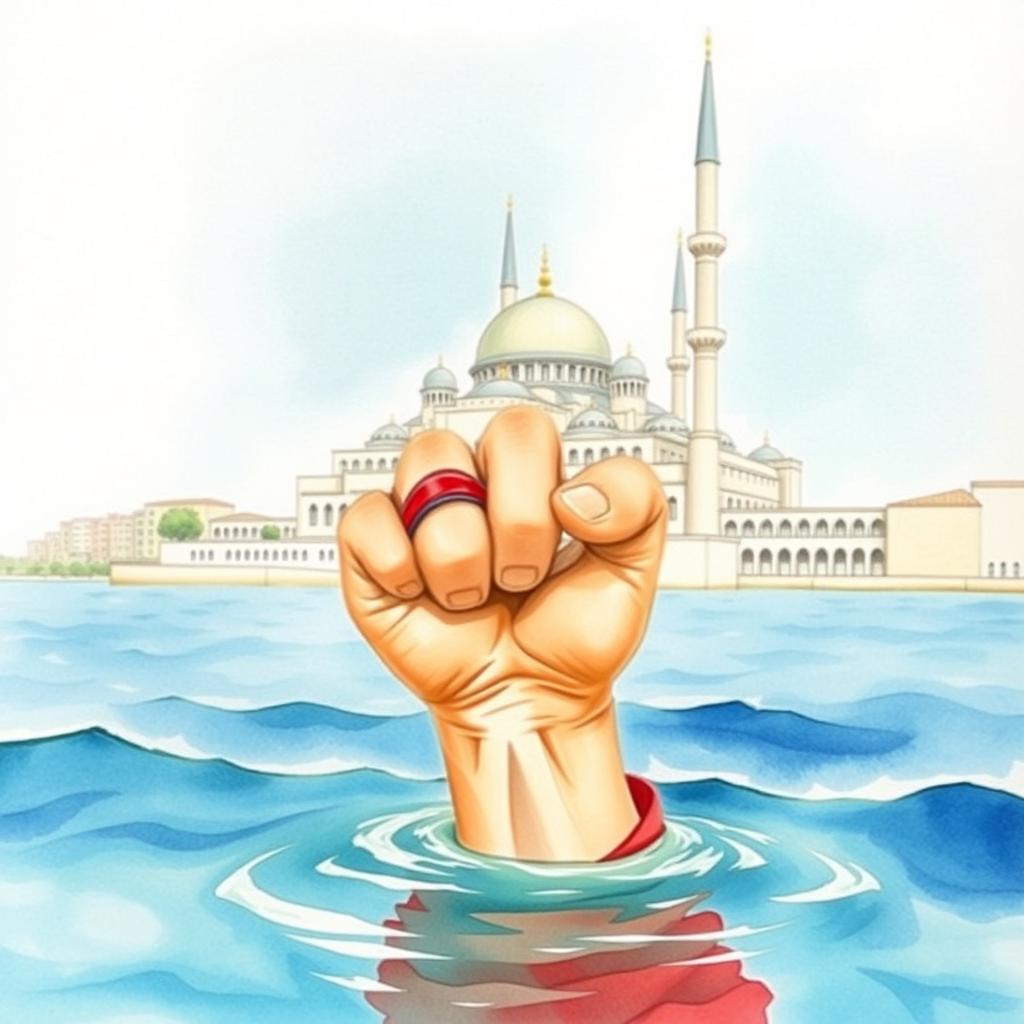 A watercolor painting of the Quds Mosque beside the Persian Gulf, with a dramatic focus on the strong fist of a warrior emerging from the water, adorned with a striking red ring