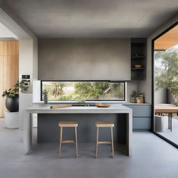 An architecturally designed modern kitchen, highlighting its concrete benchtops, and a striking sculptural island bench drawing focus as the centerpiece.