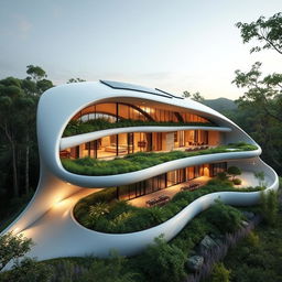 A futuristic home design vision for the next 200 years, showcasing sleek, aerodynamic architecture with a blend of organic shapes and cutting-edge technology