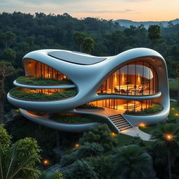 A futuristic home design vision for the next 200 years, showcasing sleek, aerodynamic architecture with a blend of organic shapes and cutting-edge technology