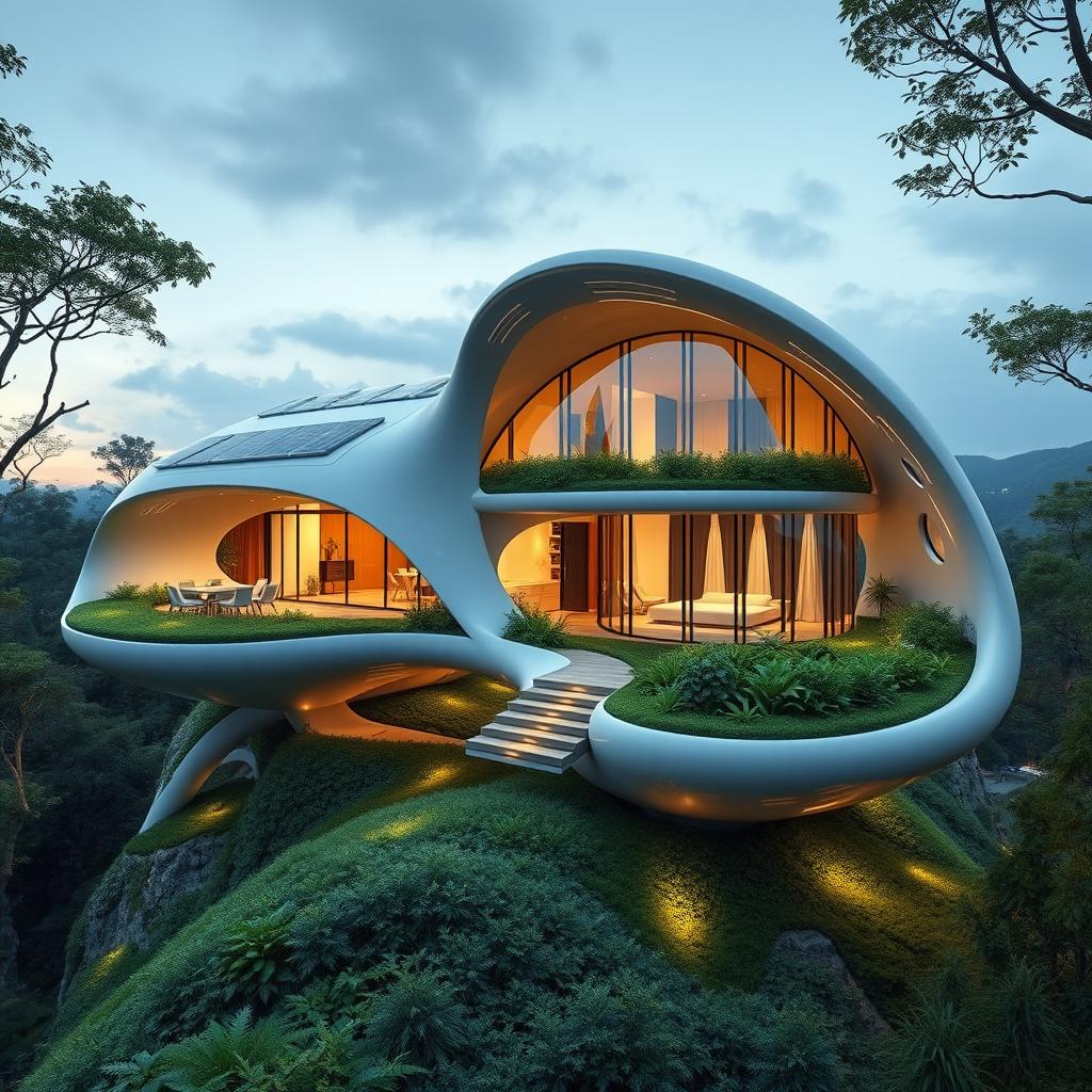 A futuristic home design vision for the next 200 years, showcasing sleek, aerodynamic architecture with a blend of organic shapes and cutting-edge technology