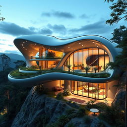 A futuristic home design vision for the next 200 years, showcasing sleek, aerodynamic architecture with a blend of organic shapes and cutting-edge technology