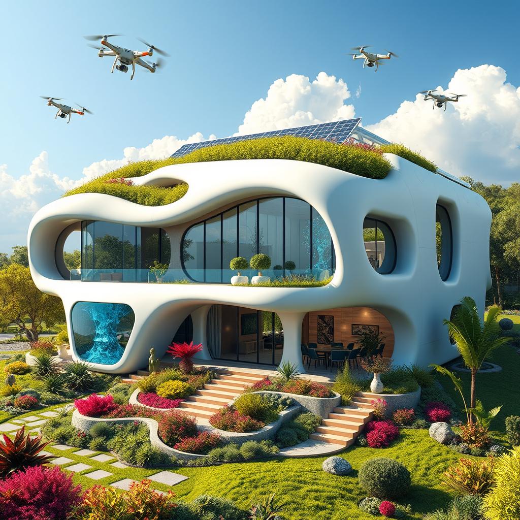 A futuristic home design set in the year 2223, showcasing advanced technology and sustainable materials