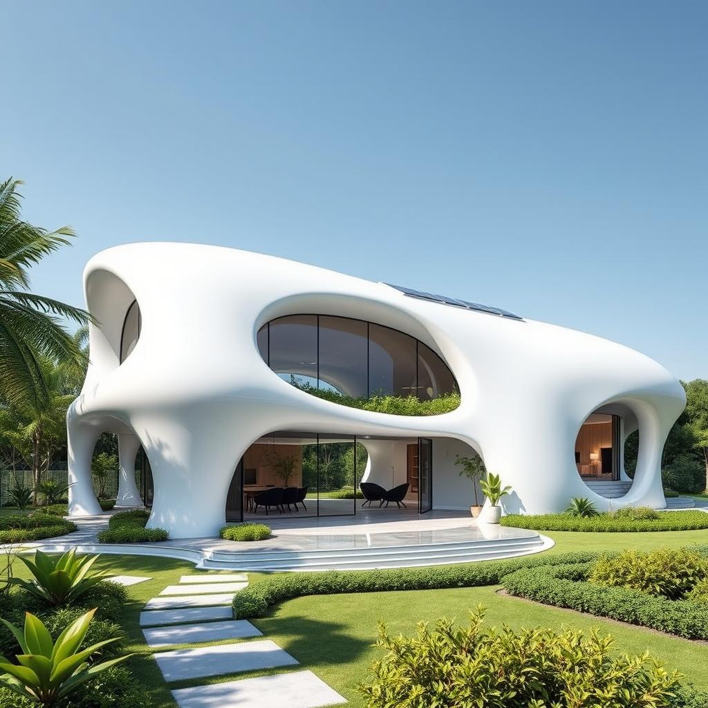 A futuristic home design projected for the next 200 years, featuring cutting-edge architecture, eco-friendly materials, and smart technology integration