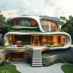 A futuristic home design projected for the next 200 years, featuring cutting-edge architecture, eco-friendly materials, and smart technology integration