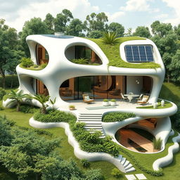 A futuristic home design projected for the next 200 years, featuring cutting-edge architecture, eco-friendly materials, and smart technology integration