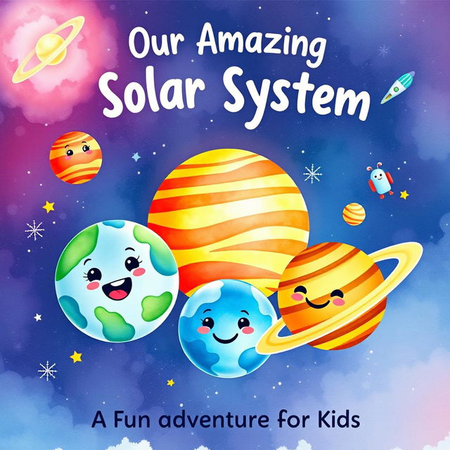 A cute watercolor illustration for a book cover titled 'Our Amazing Solar System: A Fun Adventure for Kids'