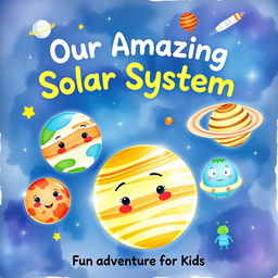 A cute watercolor illustration for a book cover titled 'Our Amazing Solar System: A Fun Adventure for Kids'