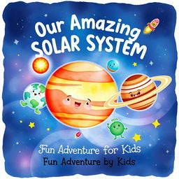 A cute watercolor illustration for a book cover titled 'Our Amazing Solar System: A Fun Adventure for Kids'