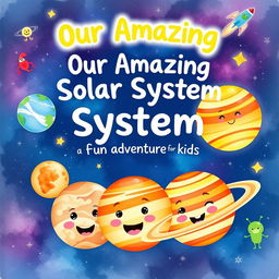 A cute watercolor illustration for a book cover titled 'Our Amazing Solar System: A Fun Adventure for Kids'