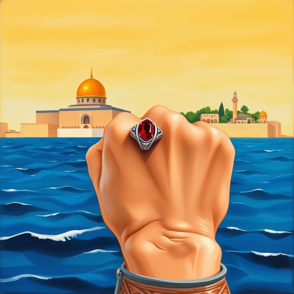 A simple gouache painting of Jerusalem set against the backdrop of the Persian Gulf