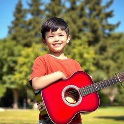 A young boy with a bright smile, standing outdoors in a sunny park