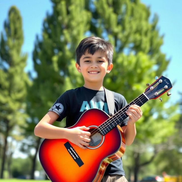 A young boy with a bright smile, standing outdoors in a sunny park