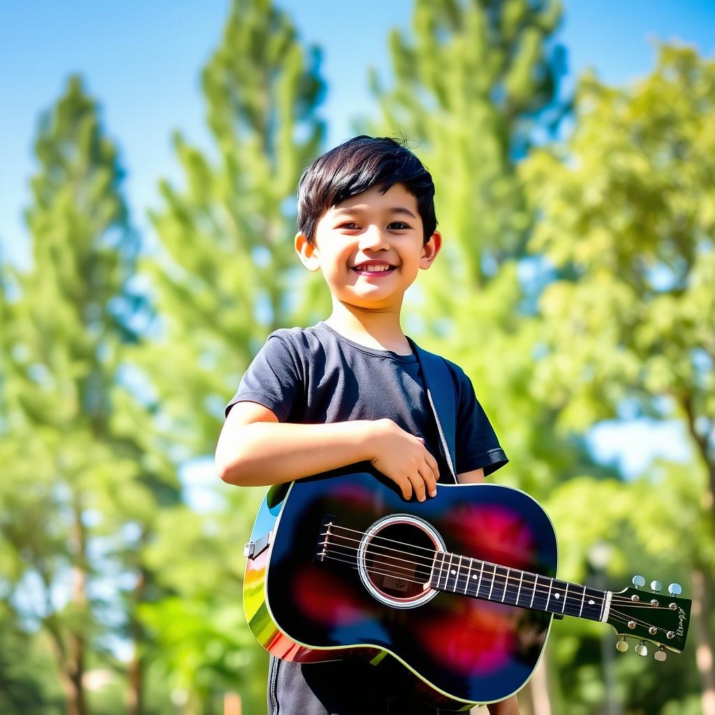 A young boy with a bright smile, standing outdoors in a sunny park