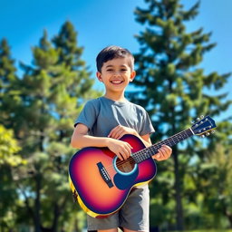 A young boy with a bright smile, standing outdoors in a sunny park