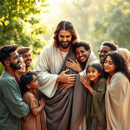 A heartwarming scene of Jesus in a compassionate pose, embracing a diverse group of individuals from different backgrounds, ages, and ethnicities