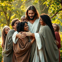 A heartwarming scene of Jesus in a compassionate pose, embracing a diverse group of individuals from different backgrounds, ages, and ethnicities