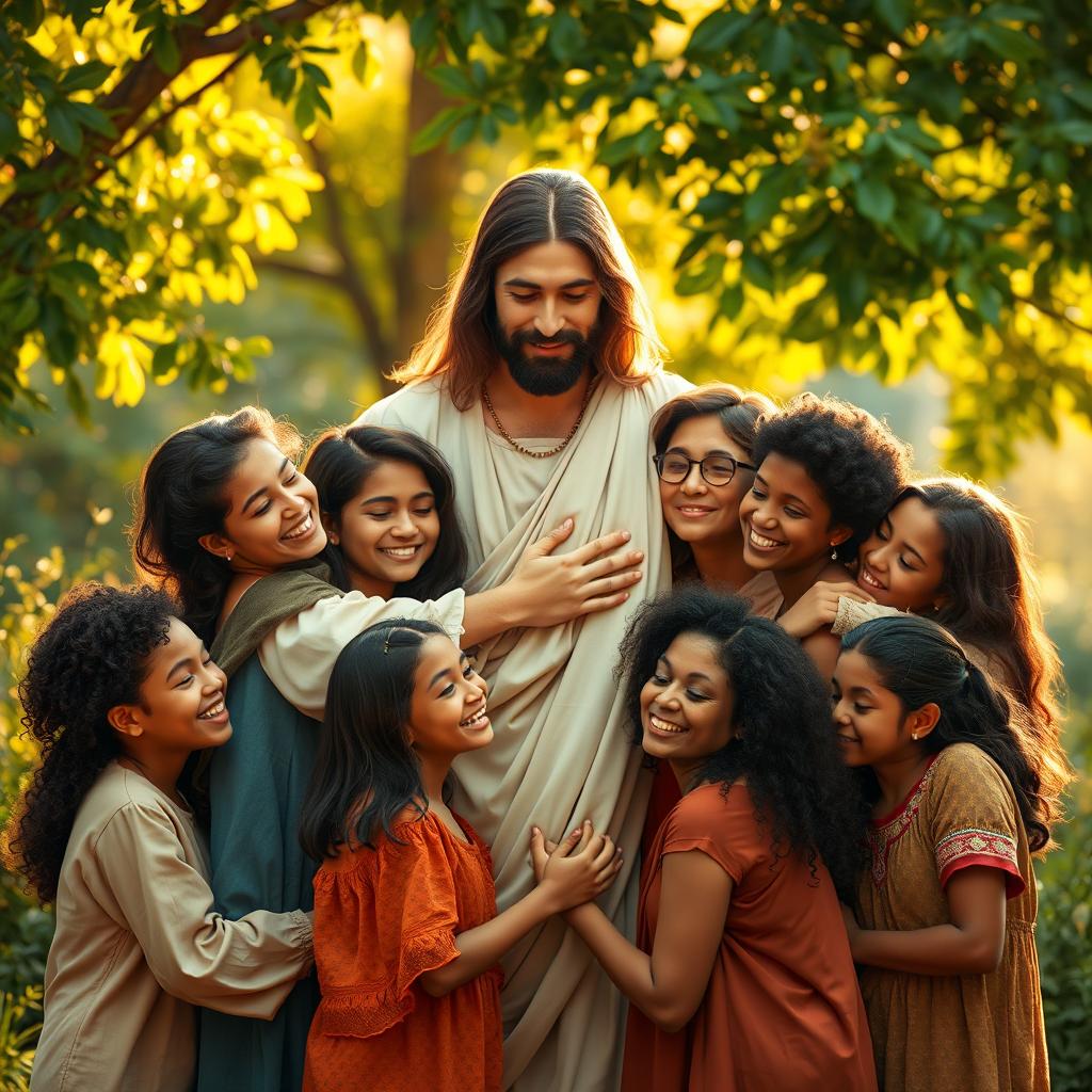 A heartwarming scene of Jesus in a compassionate pose, embracing a diverse group of individuals from different backgrounds, ages, and ethnicities