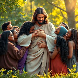 A heartwarming scene of Jesus in a compassionate pose, embracing a diverse group of individuals from different backgrounds, ages, and ethnicities