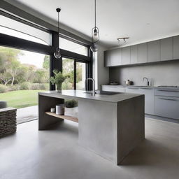 An architecturally designed modern kitchen, highlighting its concrete benchtops, and a striking sculptural island bench drawing focus as the centerpiece.