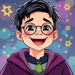 A creative vector art illustration of a young wizard joyfully smiling
