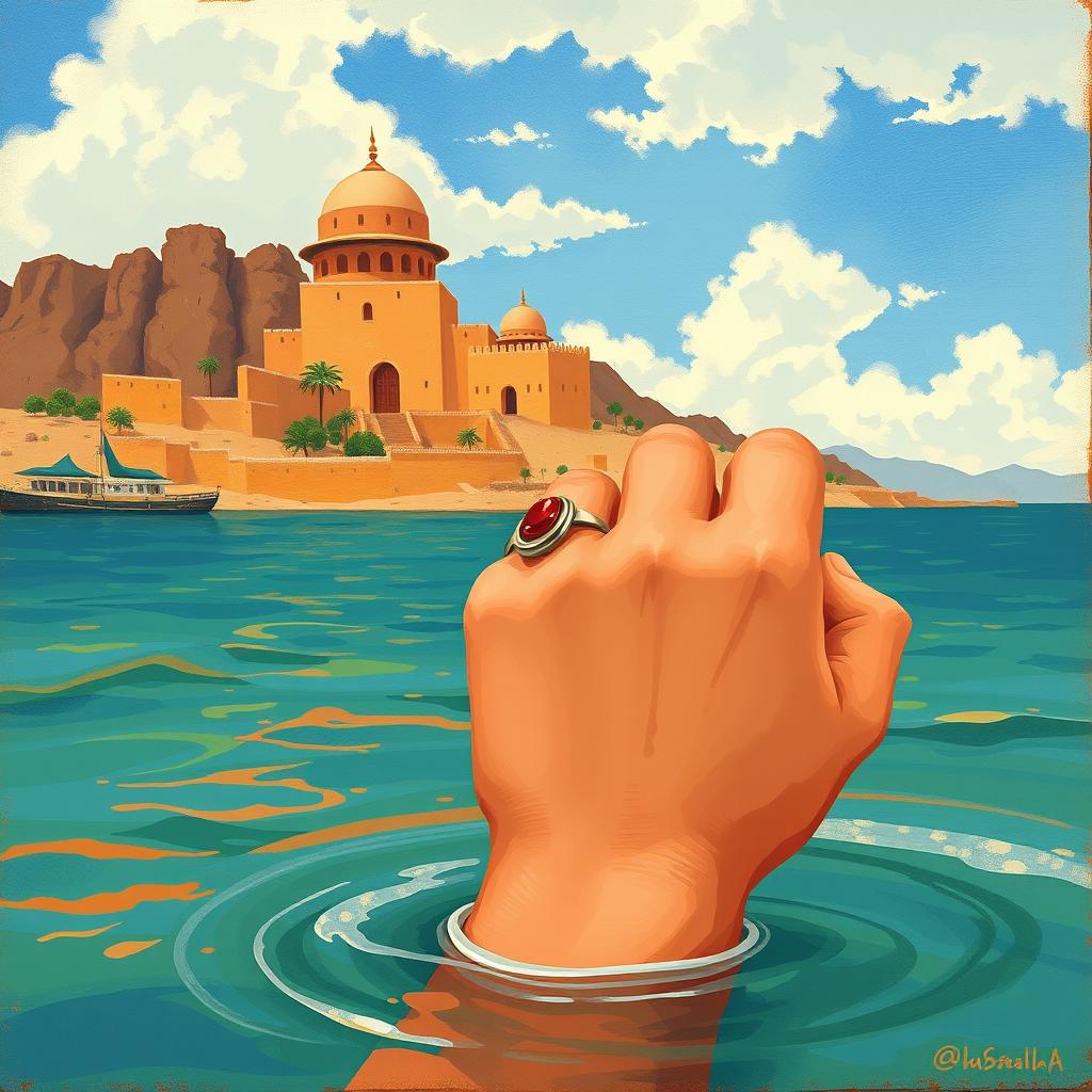 A simple gouache painting of Quds in the background with the Persian Gulf