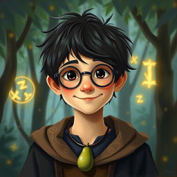 A whimsical oil painting of a young wizard with a charming smile, featuring short dark hair and black eyes