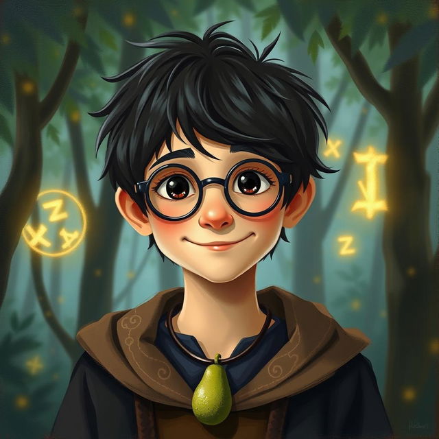 A whimsical oil painting of a young wizard with a charming smile, featuring short dark hair and black eyes