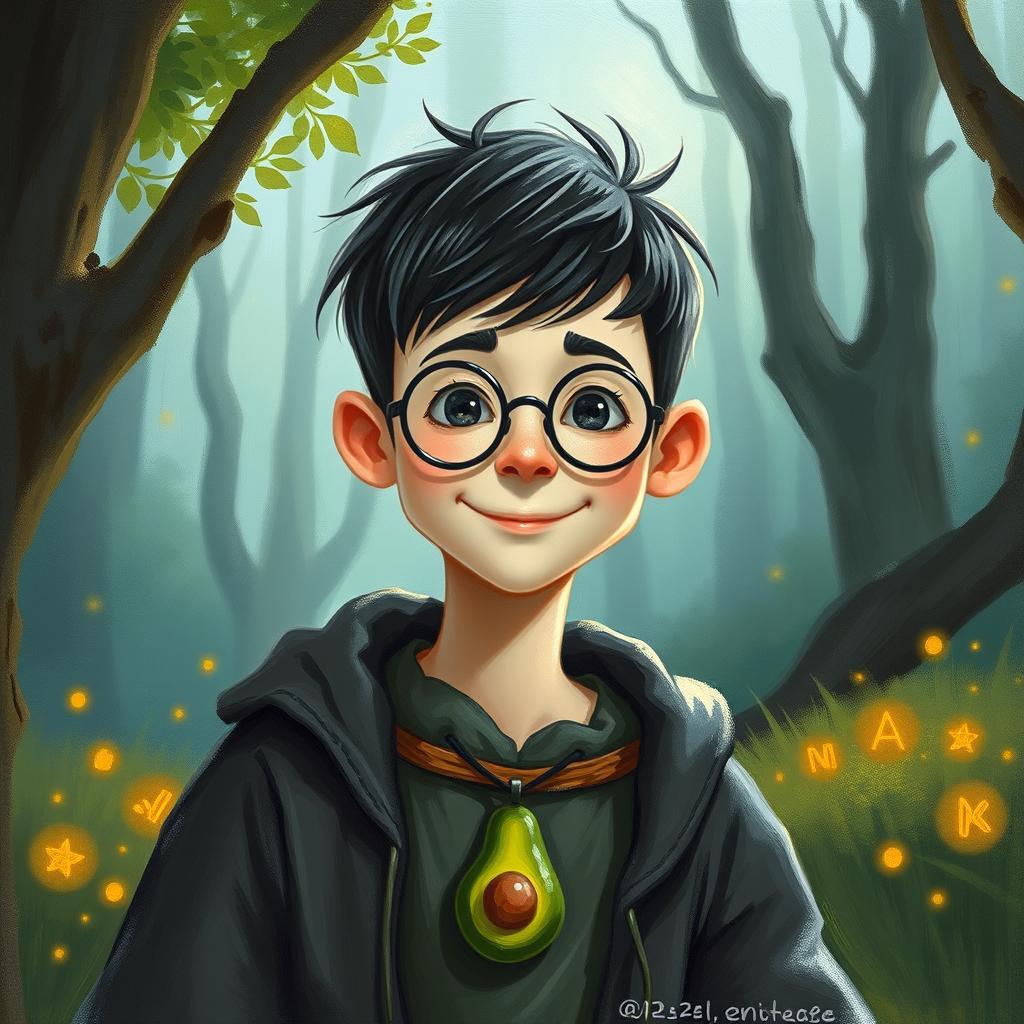 A whimsical oil painting of a young wizard with a charming smile, featuring short dark hair and black eyes