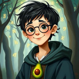 A whimsical oil painting of a young wizard with a charming smile, featuring short dark hair and black eyes