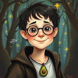 A whimsical oil painting of a young wizard with a charming smile, featuring short dark hair and black eyes