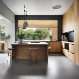 An architecturally designed modern kitchen, featuring sleek concrete benchtops, a unique sculptural island bench as the centerpiece, and classic timber cupboards adding warmth to the overall aesthetic.