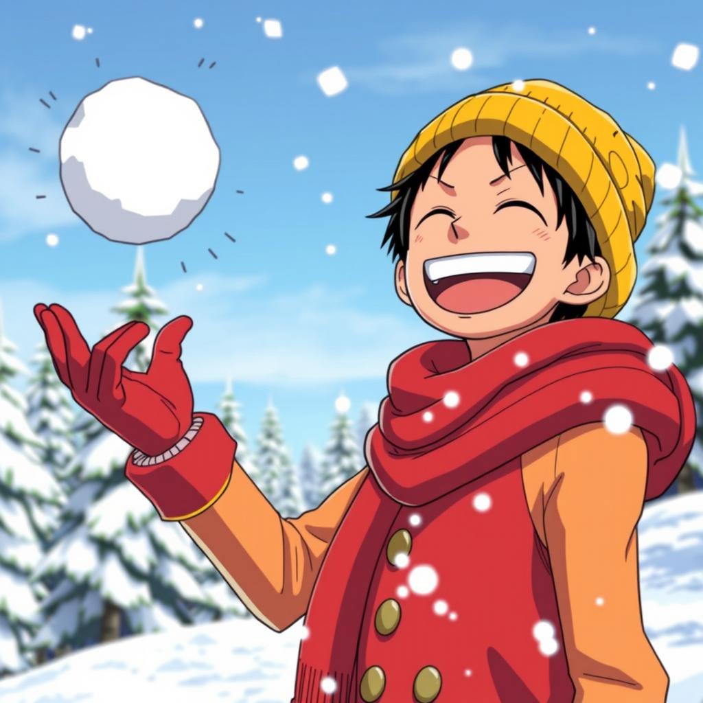 A joyful scene featuring Luffy from One Piece enjoying a nice day in a cold area