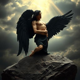 A fallen angel gracefully descending onto a large, rugged stone