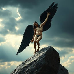 A fallen angel gracefully descending onto a large, rugged stone