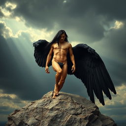 A fallen angel gracefully descending onto a large, rugged stone