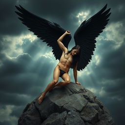 A fallen angel gracefully descending onto a large, rugged stone
