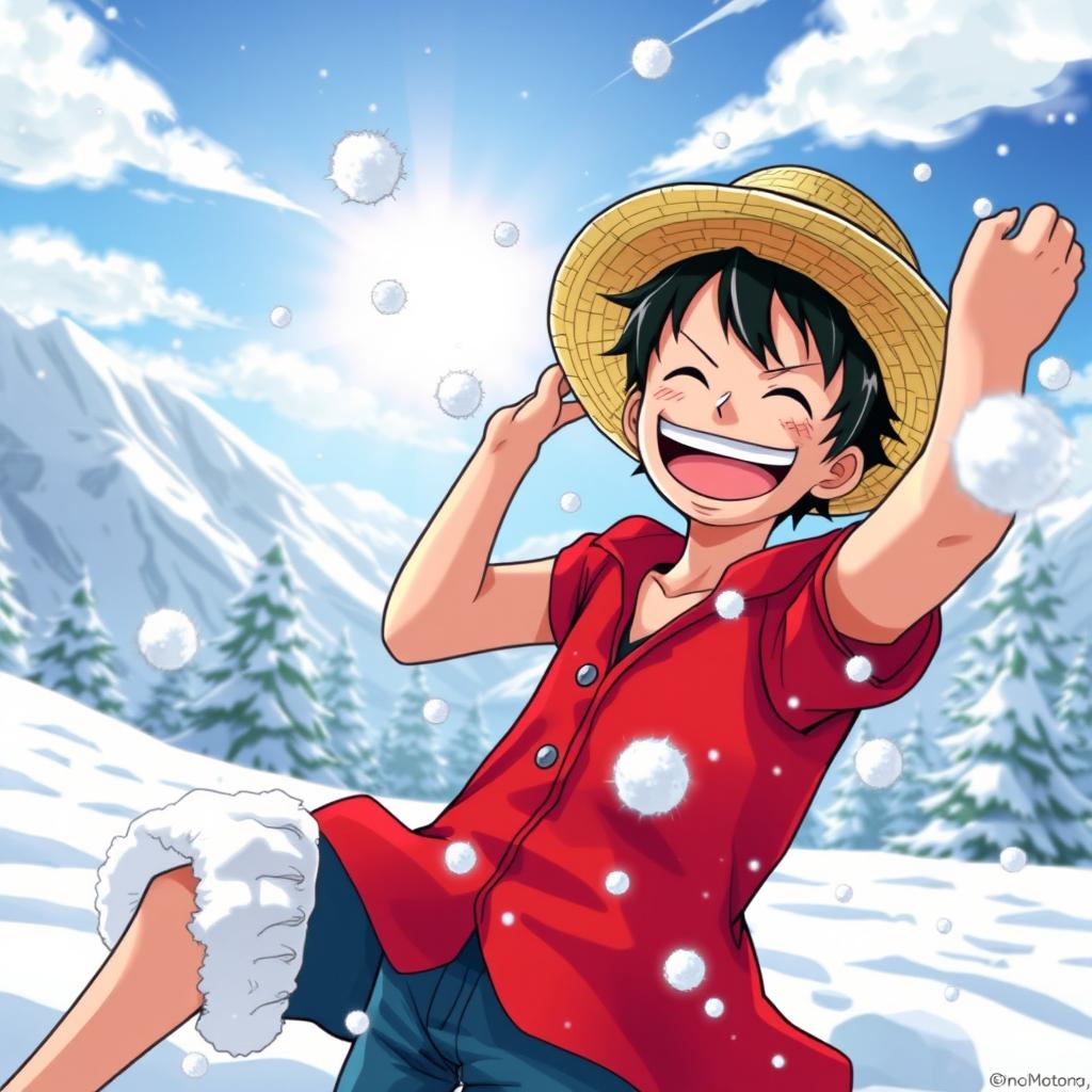 A cheerful scene of Luffy from One Piece enjoying a sunny day in a cold, snowy landscape