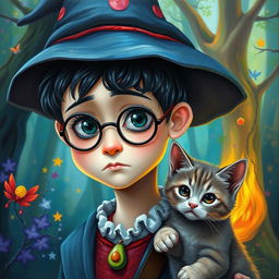 A creative oil painting of a young wizard with a slightly sad expression