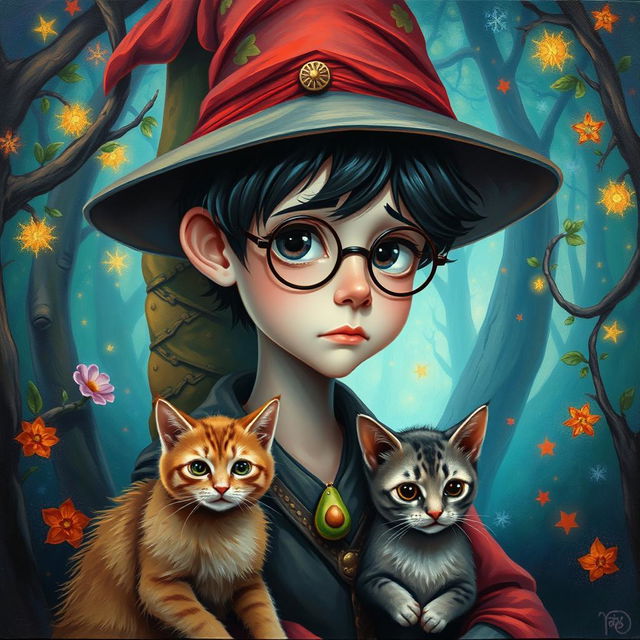 A creative oil painting of a young wizard with a slightly sad expression